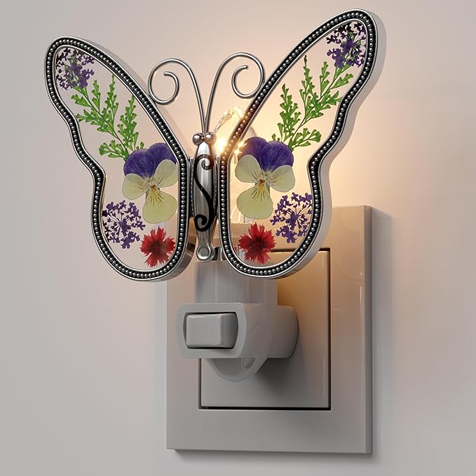 KY&BOSAM Butterfly Night Light Plug into Wall Night Lights Real Flower Glass and Metal Nightlights for Hallway Nursery Bedroom Bathroom Kids Room Kitchen Stairway Accent Elegant Themed Home Decoration