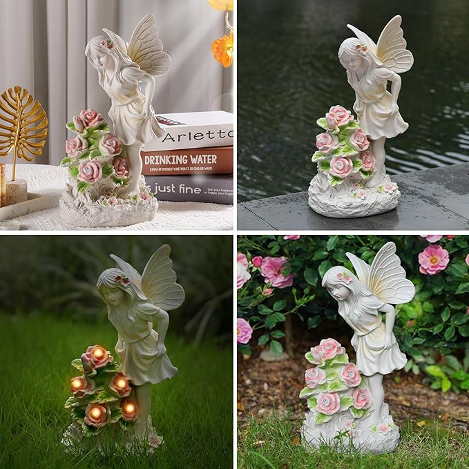 Angel Garden Statue, Guardian Solar Garden Decor with Warm Light, Waterproof Butterfly Angel Figurine with Flowers, Outdoor Garden Decor Sculpture for Lawn Yard Patio Windowsill, White