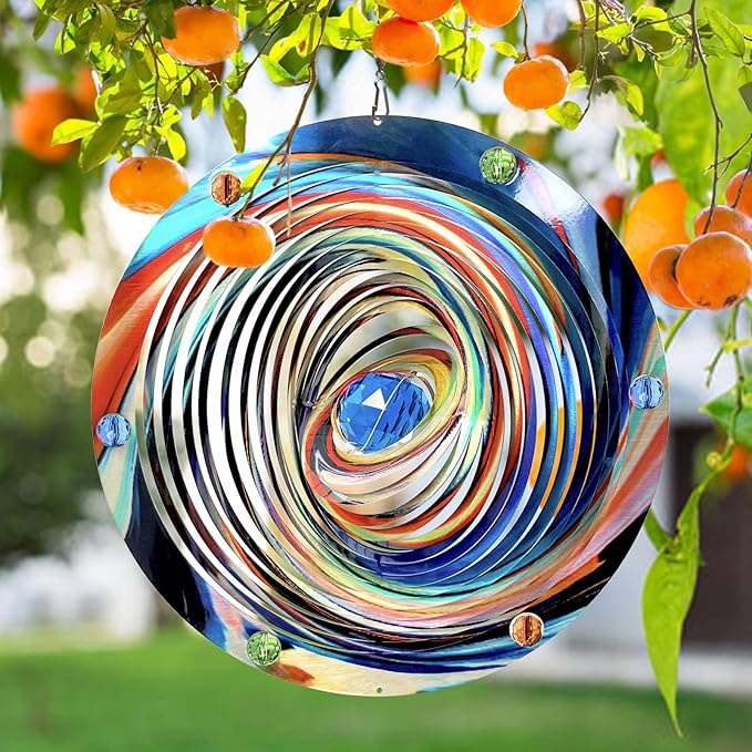 FONMY Mandala Wind Spinner w/Crystal Ball-Blue Plenet 3D Stainless Steel Hanging Spinners Worth Gift Christmas Decoration Indoor/Outdoor Garden Décor Kinetic Yard Art 12 Inches Wind Sculpture