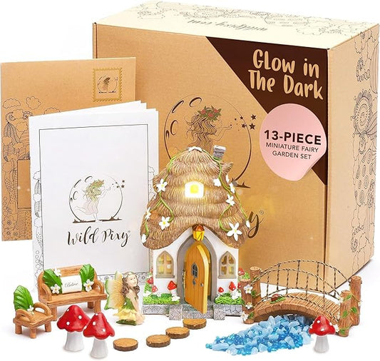 WILD PIXY Fairy Garden Kit - 13 Piece Glow in The Dark Fairy Garden Accessories, 7.1"" Outdoor Fairy House with Opening Door and Solar LED Light, Garden Door for Trees, Stones, Indoor/Outdoor Décor