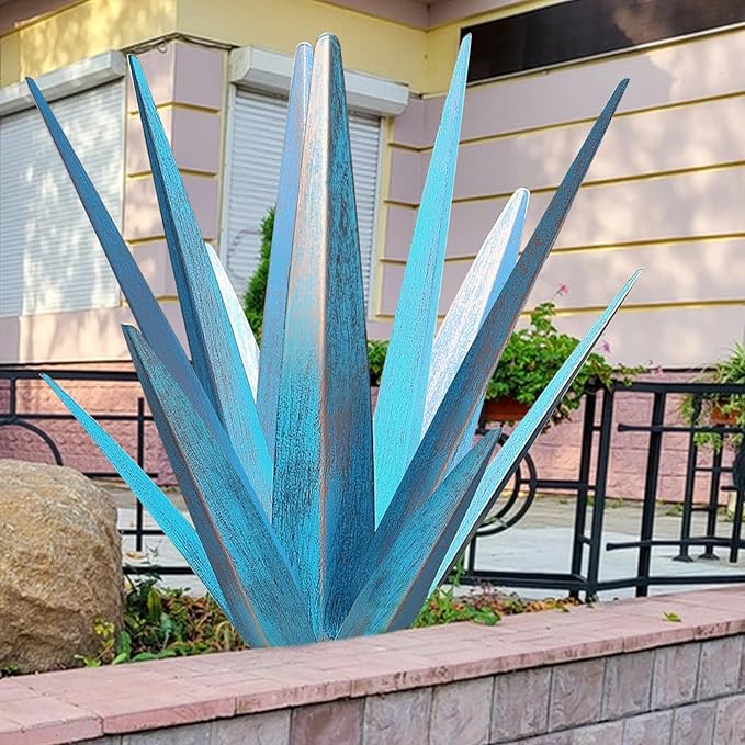 Enlarge Metal Plants Tequila Rustic Sculpture, Outdoor Patio Yard, Home Decor Hand Painted Agave Garden Statue, Outdoor Lawn Ornaments Yard Stakes for Mom Gift (1 Big&Large Blue)