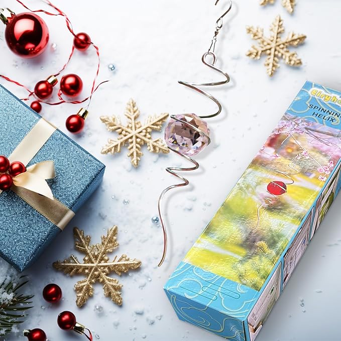 Gazing Ball Spiral Tail, Spiral Wind Spinners with Pink Crystal Orb with Swivel Hook, Suncatcher Rainbow Maker Hanging Garden Ornament Outdoor Decoration Indoor Outdoor Decor 13 inch Height