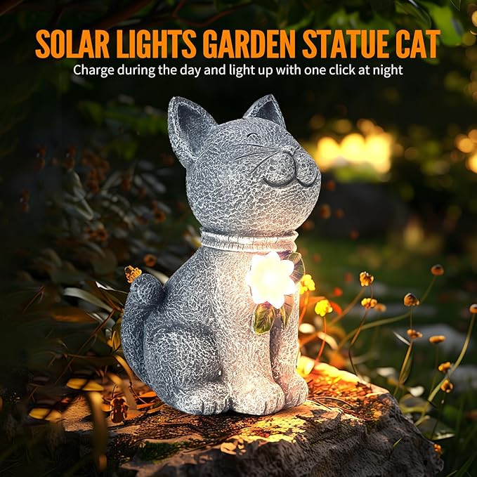 Solar Garden Statue Cat Figurine - Solar Cat Outdoor Statues, Waterproof Resin Cat Sculpture for Yard, Patio, Lawn, and Garden Decoration for Garden Mom Grandma