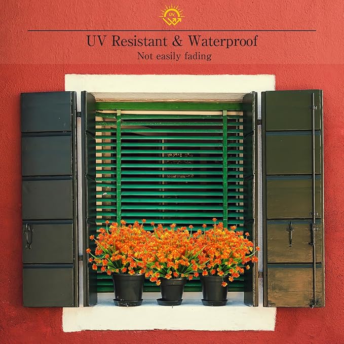 24 Bundles Artificial Fall Flowers Outdoor,No Fade Fake Plastic Flowers,Faux Autumn Plants for Thanksgiving Xmas Decor,Hanging Planters Indoor Outside Garden Porch Window Box Home Wedding