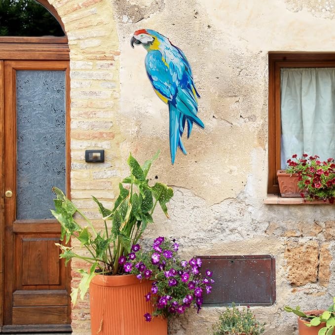Metal Parrot Wall Decor, 14.5" Wall Art Bright Color Bird Sculpture, Hanging Bird for Indoor Outdoor Home Bedroom Living Room Garden