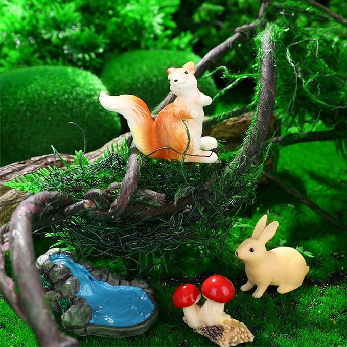Roowest 19 Pcs Garden Accessories Garden Fairies Kit Miniatures Bunny Squirrel Owl Animals Cute Tiny Mushroom Mini Pond Bridge Figurine Miniature Micro Landscape Ornaments for DIY Home