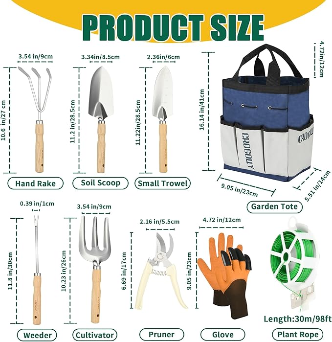 Garden Tool Set, 9-Piece Heavy Duty Outdoor Garden Tools with Ergonomic Handles, Storage Bag, Pruning Shears, Hand Rake and More, Perfect for Gardening Enthusiasts, Gardening Gifts for Women and Men