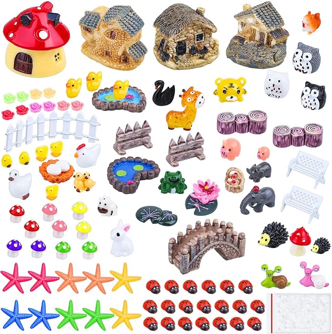 Modacraft 200Pcs Miniature Fairy Garden Accessories Including 100Pcs Fixed Pins, Fairy Garden Kit Fairy House Animal Figurines Mini Landscape for Garden Dollhouse Potted Plant Bonsai Terrarium Décor