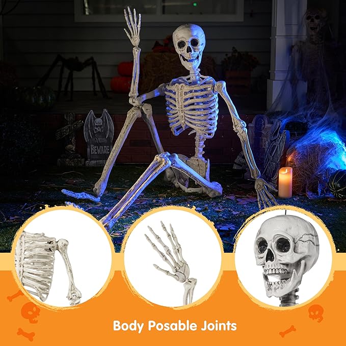 JOYIN 6.9 FT Halloween Skeleton Posable Plastic Full Body Realistic Human Bones with Movable Joints for Indoor Outdoor Halloween Props Spooky Scene Party Decorations（White, No Screwdriver）