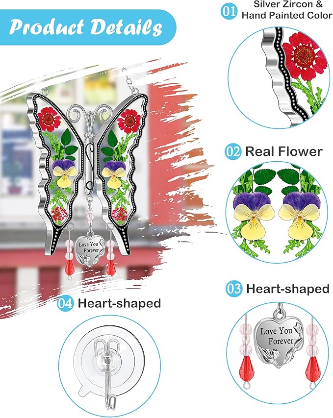 KY&BOSAM Butterfly Suncatcher Stain Glass Love You Forever Butterfly Sun Catcher for Windows Hanging Wind Chime Gifts for Women Grandma Mom Mother`s Day Valentine's Birthday Christmas Thanksgiving