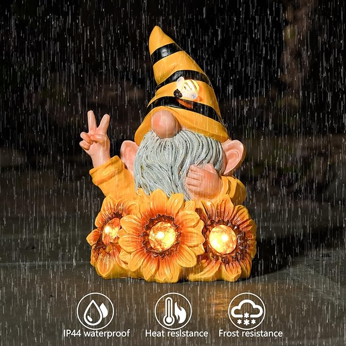 Garden Gnome Sculptures & Statues Resin Summer Bee Gnome with Sunflower, Outdoor Funny Gnome Decoration Solar Light Gnome Gifts for Yard, Patio Decor for Mom
