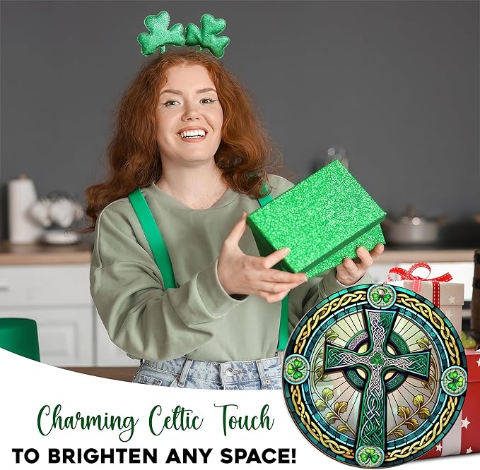 St Patricks Day Decorations - Irish Gifts for Men Women Friends Family, St Patricks Day Accessories, Celtic Cross Home Decor - Double Layered Hanging Suncatcher 12 in