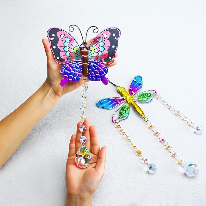 YU FENG Set 2 Suncatchers with Crystals,Stained Glass Butterfly Dragonfly Sun Catchers Window Garden Hanging Decoration Ornament,Prism Rainbow Maker Pendant