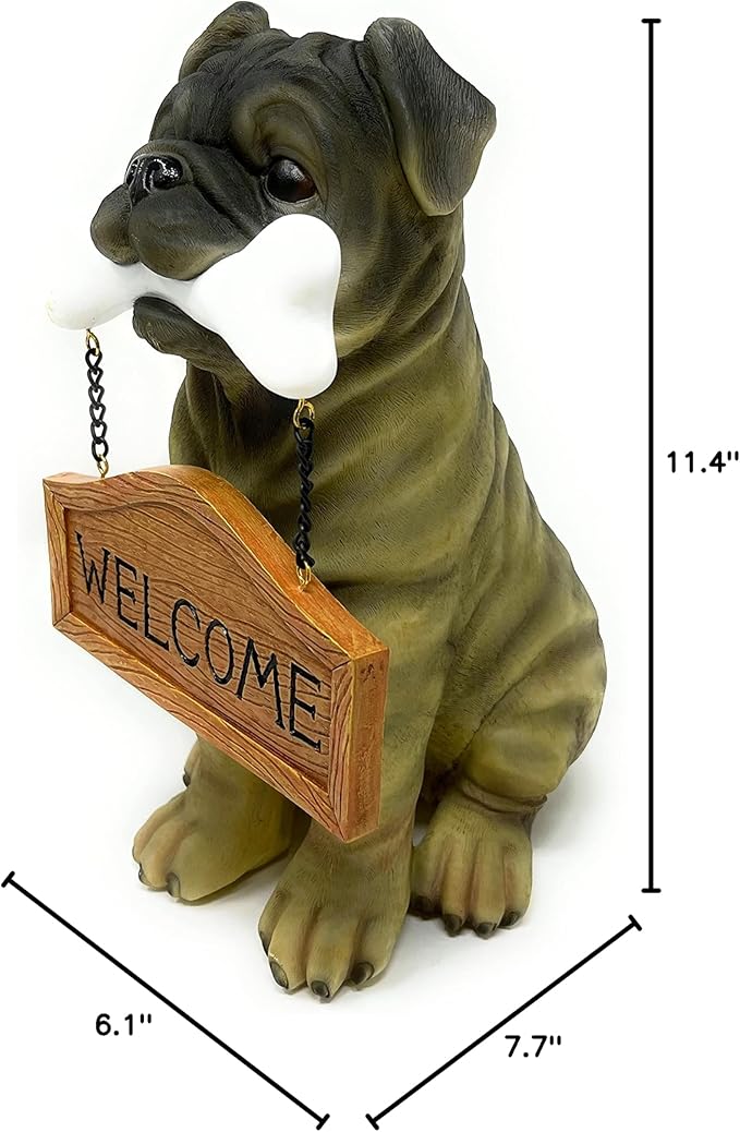 Nature's Mark Pug Dog Puppy Statue with Reversible Welcome Sign and Go Away Sign Resin Garden Decor 12" H