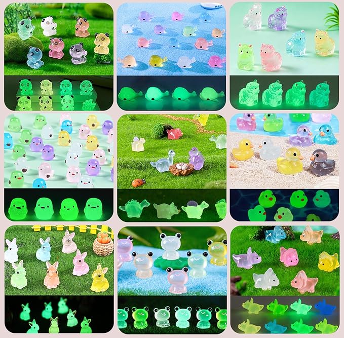 Luminous Mini Resin Animals 250Pcs Tiny Animals Bulk Glow in The Dark Mini Ducks Owls Frogs Pandas Rabbits Mushrooms for Miniature Garden Micro Landscape Aquarium Potted Decoration