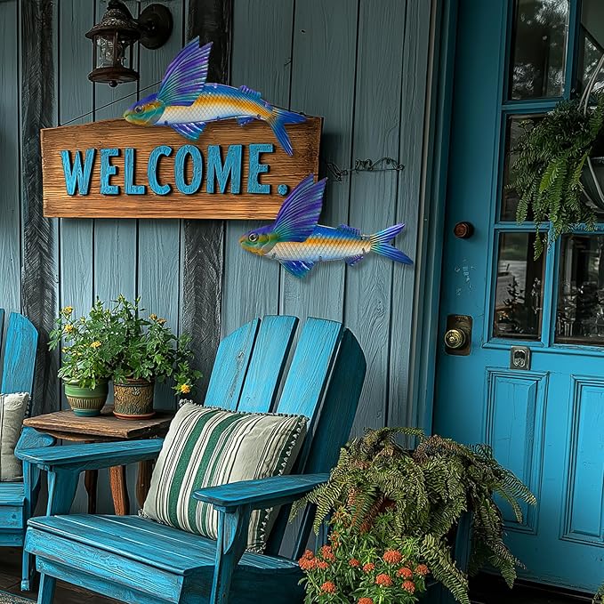 LIFFY Metal Fish Wall Decor -Outdoor Metal Fish Wall Decor - Indoor Art Sculpture - Hanging Decorations for Home, Garden, Bedroom, Sculptures, Ocean, Pool(Flying Fish Set 2,15 inch)