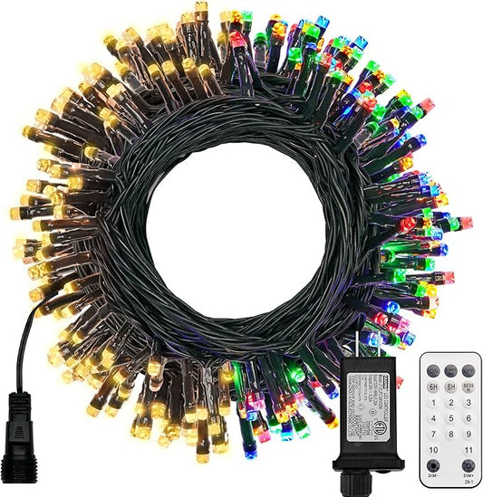 Minetom Christmas Lights, 66ft 200 LED Outdoor Christmas Tree Lights with Remote, 8 Modes Christmas String Lights Plug in Xmas Tree Lights with Timer for Outside Party Decor, Warm White & Multicolor
