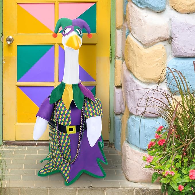 Mardi Gras Jester Outfit Goose Clothes for 23 High Cement or Plastic Lawn Porch Lawn Garden Goose Costume Clothing