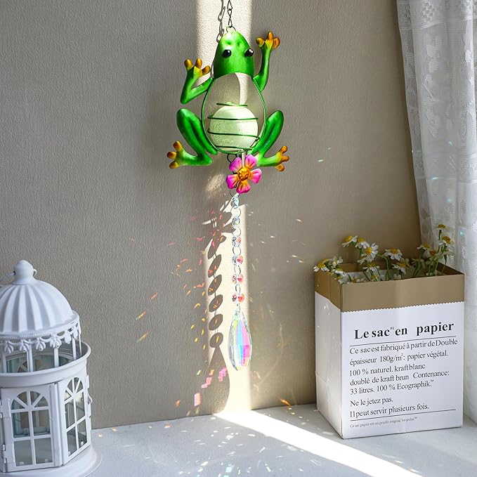 Stained Glass Metal Frog Suncatcher Crystals for Window Ornament - 17" Outdoor Fence Wall Art Decor, Rainbow Maker Hanging for Garden Yard Living Room Bedroom Patio Balcony