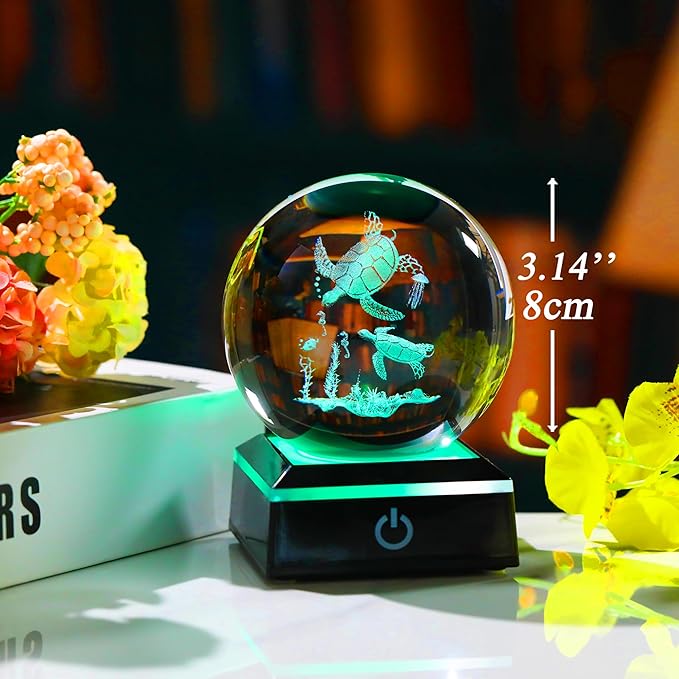 Qianwei Sea Turtle Gifts for Women 3D Crystal Ball 3.14'' - Laser Sea Turtle Decor Glass Animals Turtle Figurines Statue Stuff for Room Decorations Turtles Night Light