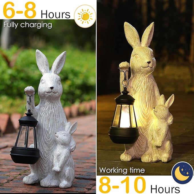 Solar Garden Statues Bunny Decor with LED Lights Home Decorations Outdoor Garden Rabbit Statue for Patio, Balcony, Yard, Lawn Ornament - Unique Housewarming Birthday Gifts for Women