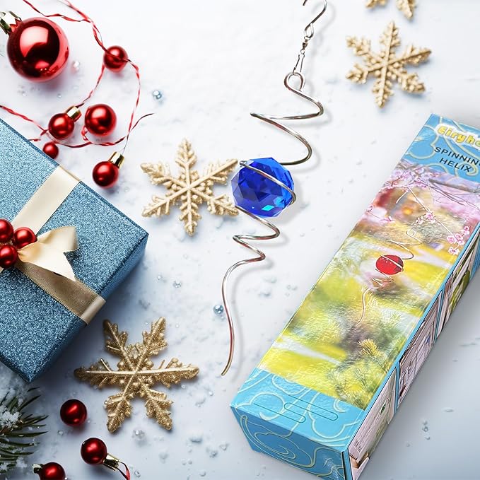 Gazing Ball Spiral Tail Wind Spinner with Sea Blue Crystal Orb, Wind Spinners Stabilizer with Hanging Swivel Hook, Sun Catcher Rainbow Maker Indoor & Outdoor Decoration Garden Gift 13" Height