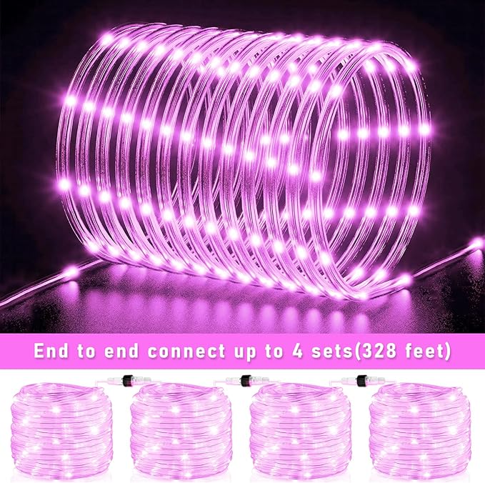 Easter Rope Lights Outdoor, 100FT 300 LED Christmas String Lights with Waterproof 8 Modes, Connectable Clear Tube Twinkle Light for Indoor Bedroom Patio Fence Party Wedding Decorations, Pink