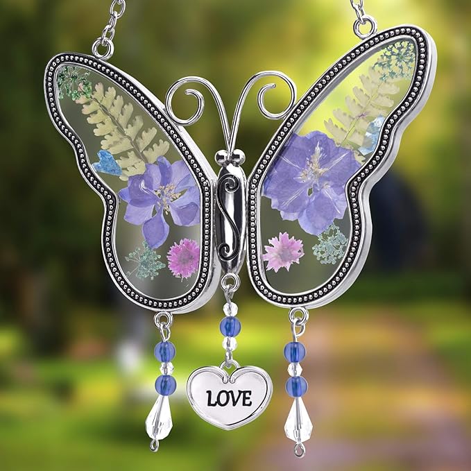Laraine Butterfly Suncatcher with Pressed Flower Wings Mom Mother's Day Butterfly Glass Wind Chime Ornament Charm with Metal Heart Gifts for Mom Grandma Aunt Birthday (Purple Love (with Free Hook))