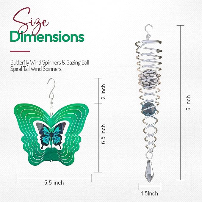 ISEO Butterfly Wind Spinner and Gazing Ball Set, Metal Wind Spinner Garden Decor, Hanging Garden Decorations, Weather-Resistant Outdoor Wind Spinners, 6.5" Spinner Garden Décor