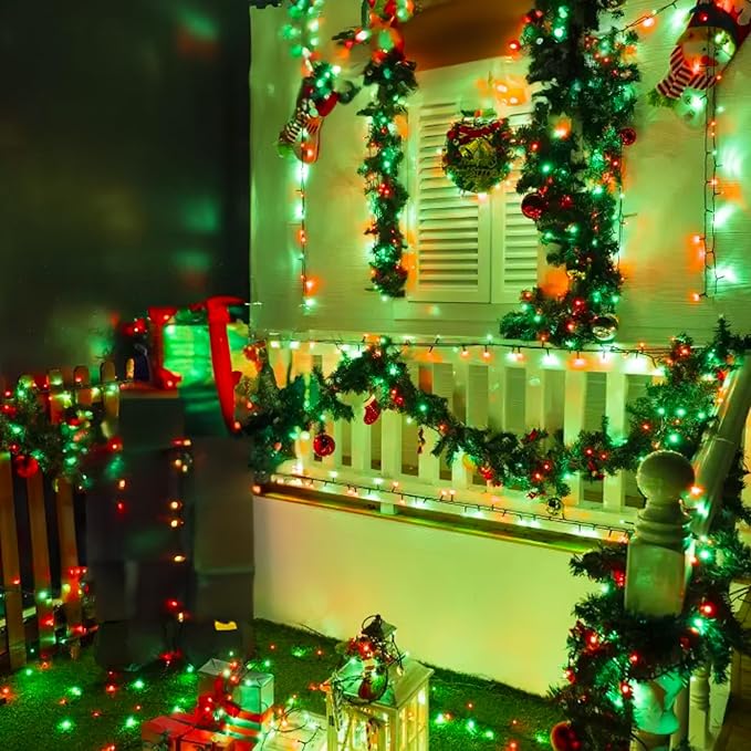 Dazzle Bright Battery Operated Christmas Lights, 2 Pack Total 32FT 100LED Clear Mini String Lights Waterproof with 8 Modes for Xmas Indoor Outdoor Yard Holiday Wedding Decorations (Red and Green)