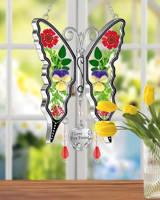 KY&BOSAM Butterfly Suncatcher I Love You Friend Gift Stain Glass Sun Catcher for Window Hanging Wind Chime with Pressed Flower Wings in Glass and Heart Charm Birthday Gift for Mother`s Day Christmas