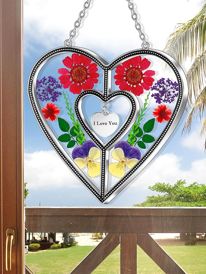 KY&BOSAM Heart Suncatchers I Love You Stained Glass Hangings for Windows Suncatcher Birthday Gifts for Women Mothers Valentine`s Day Real Flower Glass & Metal Maker for Christmas Party Home Decor