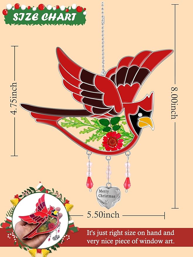 KY&BOSAM Cardinal Suncatcher Merry Christmas Hanging Ornament for Windows Sun Catchers with Pressed Real Flower in Glass and Heart Charm Birthday Gifts for Women Mom Grandma Nana Christmas Day Gifts