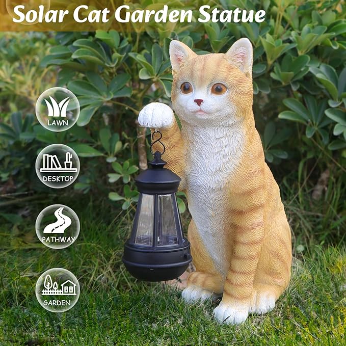 Cat Statues for Garden - Solar Powered Outdoor Cat Garden Statue, Crafted Garden Sculptures & Statues for Patio, Yard, Lawn, Gardening Gifts for Women and Mom(11" Cat)