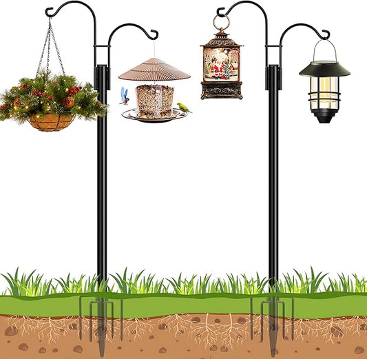 Ottsuls Bird Feeder Pole, 2 Pack 92 INCH Double Shepherds Hooks for Outdoor, Garden Pole with 5 Base Prongs Heavy Duty Planter Hooks for Hanging Plant Baskets, Lantern, Hummingbird Feeder