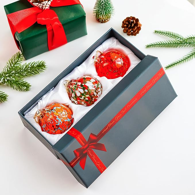 Set of 3 Blown Glass Christmas Ornament Balls for Christmas Tree Decor Glass Gazing Balls for Garden Patio Decor Glass Hanging Xmas Ornament Balls Gifted Box