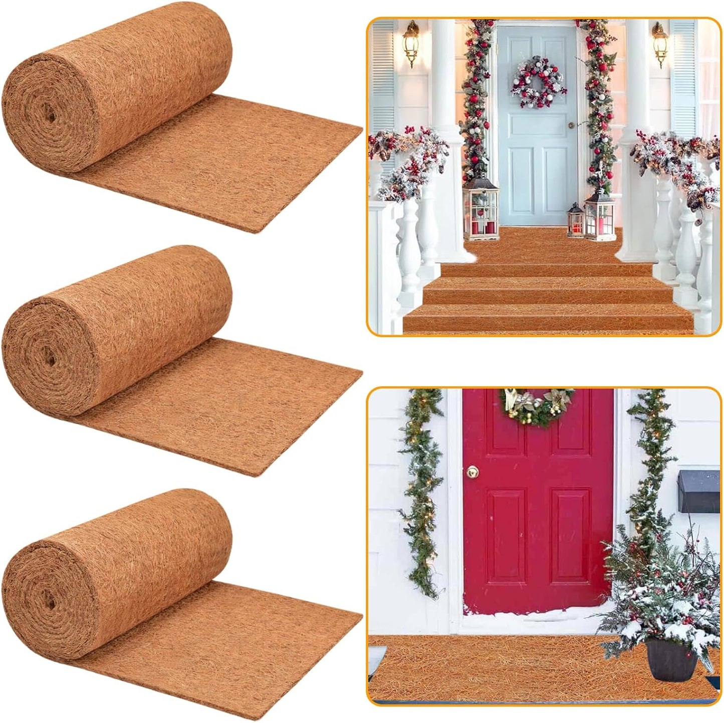 3 Pack Thickened No Slip Ice and Snow Carpet-16×118x0.28in Natural Coconut Fiber Carpet Mat Walking Safety, Winter Walkway Carpet Runner for Front Door Hallway Stairs Outdoor Patio Porch Garden