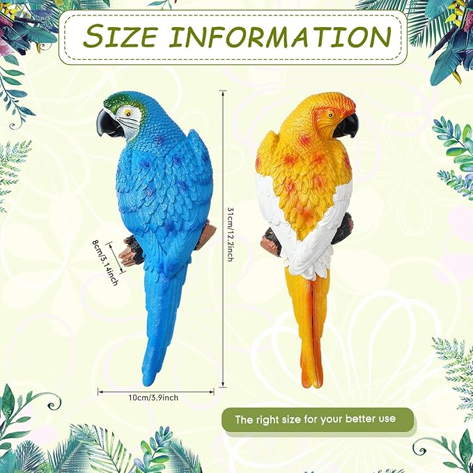 2 Pieces Parrot Decor Outdoor Tiki Bar Decorations Large Realistic Parrot Statues for Outside Lifelike Bird Sculptures Garden Patio Yard Lawn Figurines for Tropical Animal Tree Wall(Blue, Yellow)