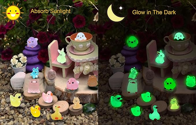 Luminous Mini Resin Animals 50 Pcs Tiny Animals to Hide Around The Office Home Mini Ducks Tiny Frogs Small Birds Glow in The Dark for Crafts Fairy Garden Accessories