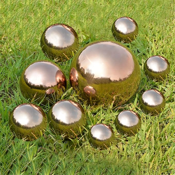 Nerien Gazing Ball, Stainless Steel Garden Mirror Globe, Polished Ornament Sphere, Hollow Floating Reflective Hemisphere, for Home Outdoor Pond Housewarming Swimming Pool Decoration, Rose Gold, 8Pcs