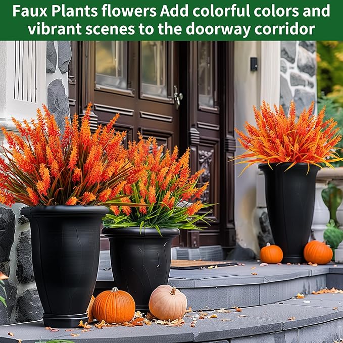 Artificial Fall Flowers for Outdoor Plants 24 Bundles Fake Lavender Plastic Faux Monkey Grass for Verandah Window Garden Office Patio Front Porch UV Resistant for Planter(Autumn Orange)
