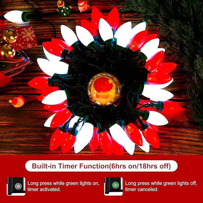 C9 Bulbs Classic Christmas Lights - 50 LED 32ft Strawberry String Light Red&White - Extendable 8 Modes Funtion with Timer Fairy Lighting for Outdoor, Indoor, Party, Home, Tree Decorations