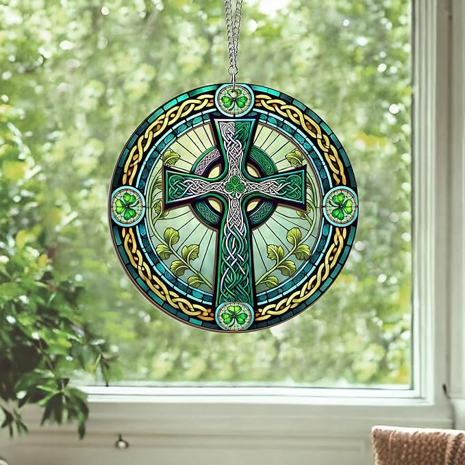St Patricks Day Decorations - Irish Gifts for Men Women Friends Family, St Patricks Day Accessories, Celtic Cross Home Decor - Double Layered Hanging Suncatcher 12 in