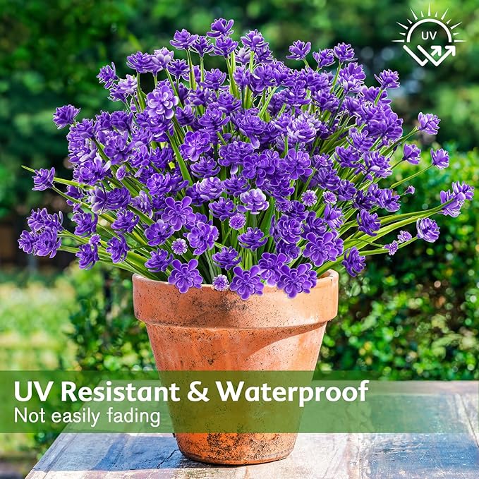 24 Bundles Artificial Flowers for Outdoor,No Fade Fake Plastic Flowers Faux Plants for Decoration Hanging Planters Indoor Outside Garden Porch Window Box Home Wedding Farmhouse