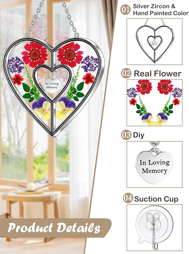 KY&BOSAM Heart Suncatcher In Loving Memory Memorial Gift for Loss of Loved One Unique Sympathy Gift Idea Real Flower Suncatcher Bereavement Grief Gift Box for Loss of Mom Friend Son Daughter Dog Decor