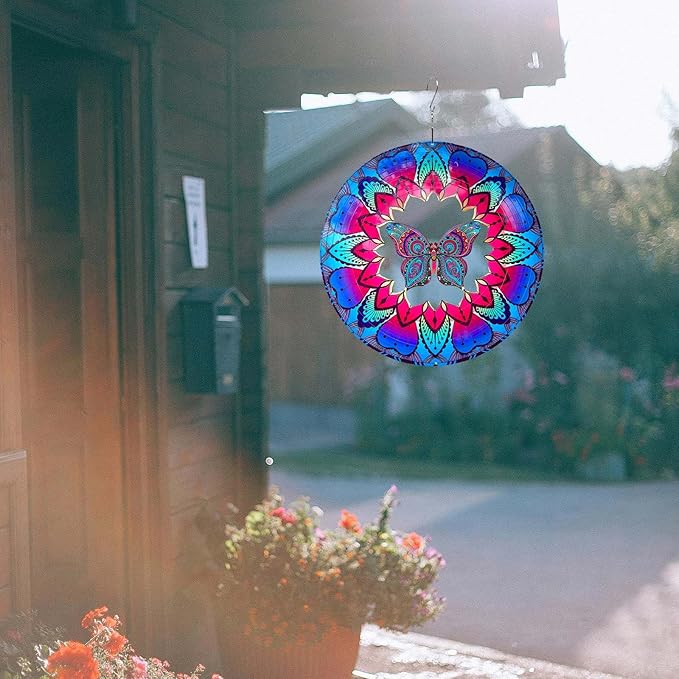 Wind Spinner Colorful Butterfly 12 inch 3D Stainless Steel Laser Cut Metal Double Sided Printing-Hanging Indoor/Outdoor Decorations Yard Gardening Decor,Metal Kinetic Art Ornament Gifts