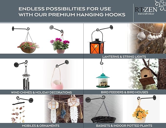 RTZEN Plant Hangers Outdoor or Indoor - Wrought Iron Metal Hanger Indoor Hook - Heavy Duty Wall Bracket Hooks for Hanging Plants Baskets Lanterns Wind Chimes - 2 Pack (Black Swirl Hooks)