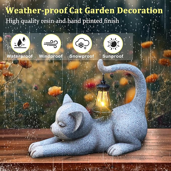 Choies Solar Cat Garden Statue Outdoor Decor,Cat Garden Sculpture for Outside,Cats Figurines Gifts for Women,Mom,Cat Outdoor Decoration for Home,Garden,Patio,Yard