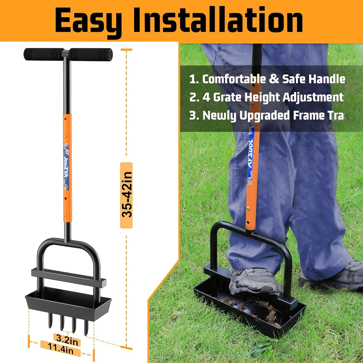 Lawn Aerator Coring Tool with Soil Core Collection Tray, 4 Tines Manual Yard Air Grass Aerator Gardening Tool for Lawn Care Courtyard,Orange（Updated Box）