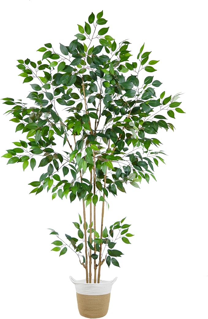 Artificial Ficus Tree, 6ft Tall Silk Fake Ficus Leaves Plant with Basket, Indoor Outdoor Faux Greenery Tree for Home Garden Office House Livingroom Décor